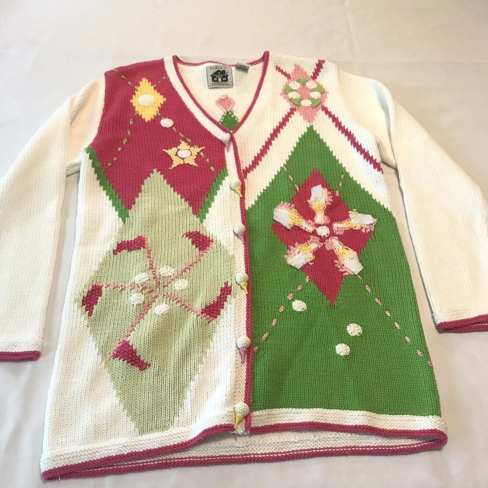 Storybook Knits Pink Green Argyle Golf Stars Cardigan Sweater Womens Sz S